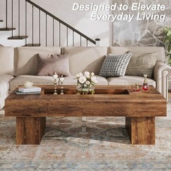 47 Inch Rustic Coffee Table with Storage LED Wood Center Table Large Wide