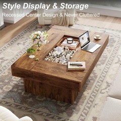 47 Inch Rustic Coffee Table with Storage LED Wood Center Table Large Wide