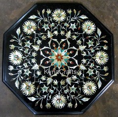 Shiny Gemstones Inlay Side Table | 15 x 15 Inches Black Marble Coffee Table Top
