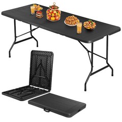 6ft Folding Table Fold-in-Half Picnic Party Camping Tables w/ Carry Handle Black