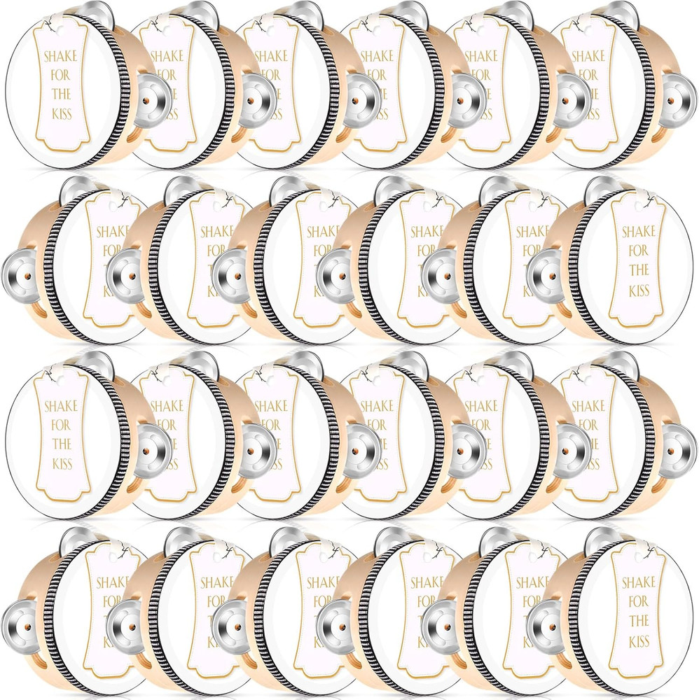 24 Set 4 Inch Tambourine for Adults Wooden Hand Held Drum with Metal Jingles, Gi