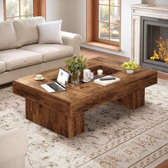 47 Inch Rustic Coffee Table with Storage LED Wood Center Table Large Wide